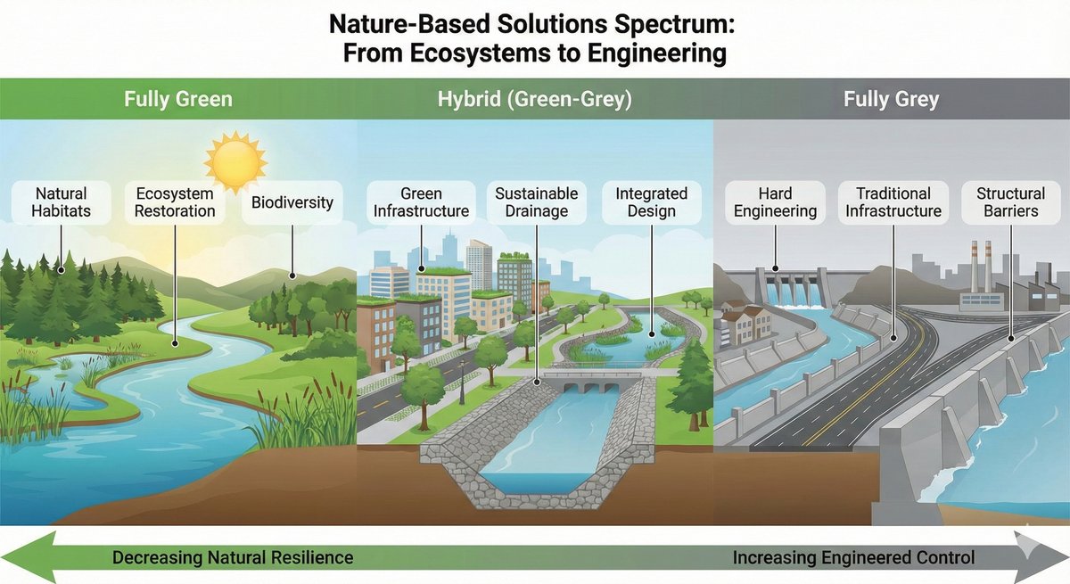 An infographic illustrating the spectrum from fully green to hybrid to fully grey solutions