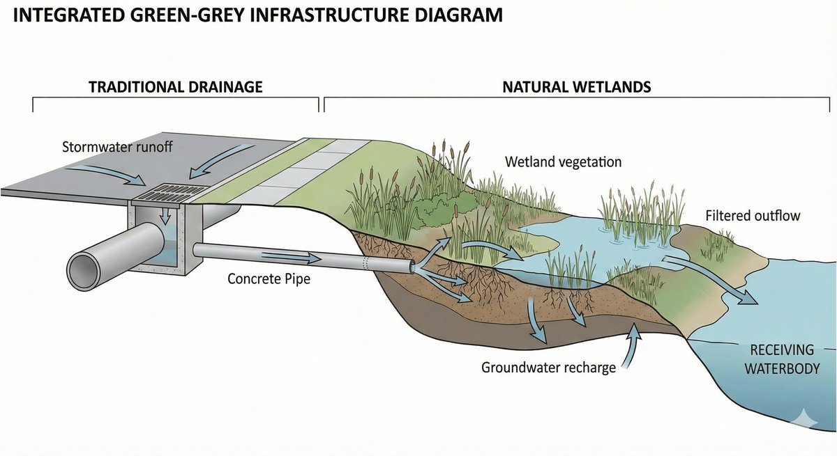 Conceptual diagram showing the integration of natural wetlands with traditional drainage infrastructure
